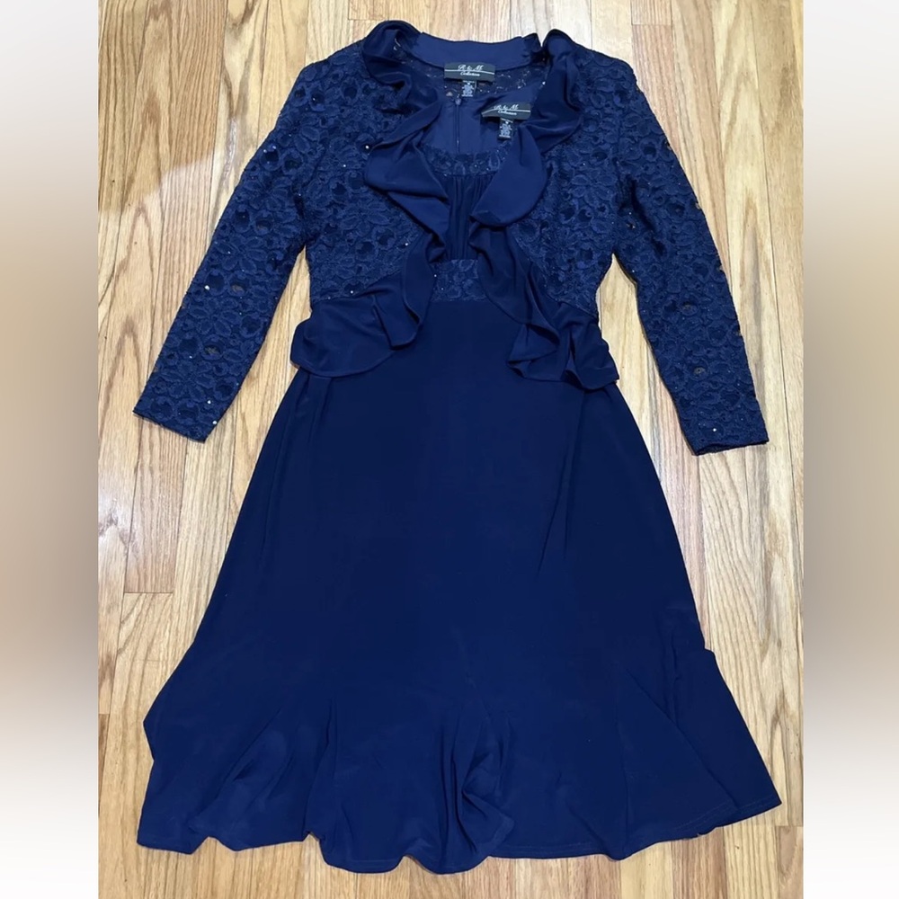 R & M Richards Navy Blue Dress & Jacket 10 Wedding Party Cruise Mother Bride